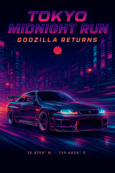 Ein neonfarbener Sportwagen vor einer stilisierten Tokio-Stadtansicht mit "Godzilla Returns".